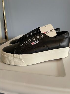 Superga Black Leather Platform Sneakers